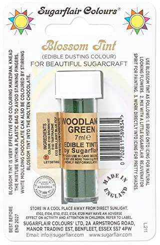 Sugarflair Blossom Tint Woodland Green Food Colouring and Dusting Powder, Matt Finish, Brush On or Mix with Rejuvenator Spirit to Create a One of A Kind Cake - 7ml