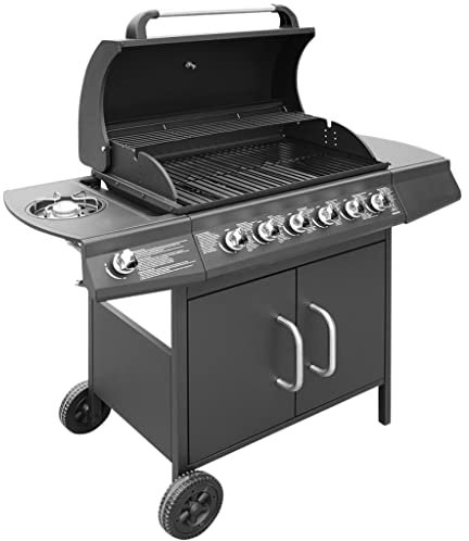 vidaXL Barbacoa Grill de Gas de Acero con 6+1 Quemadores con Ruedas Color Negra