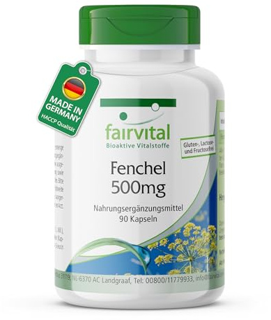 Fenchel 500mg, Foeniculum vulgare Miller, vegan, ohne Magnesiumstearat, 90 Fenchel-Kapseln
