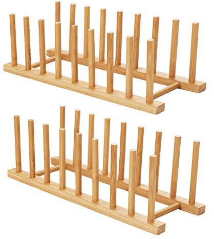 HBlife 2pcs Bamboo Dish Plate Bowl Cup Book Pot Lid Cutting Board Drying Rack Stand Drainer Storage Holder Organizer Kitchen Cabinet（Keep Dry）