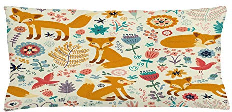 ABAKUHAUS Fuchs Kissenbezug, Füchse Aufwändige Blumen Vögel, Waschbar mit Reißverschluss Kissenhülle mit Farbfesten Klaren Farben Beidseitiger Druck, 90 x 40 cm, Blasser Rubin