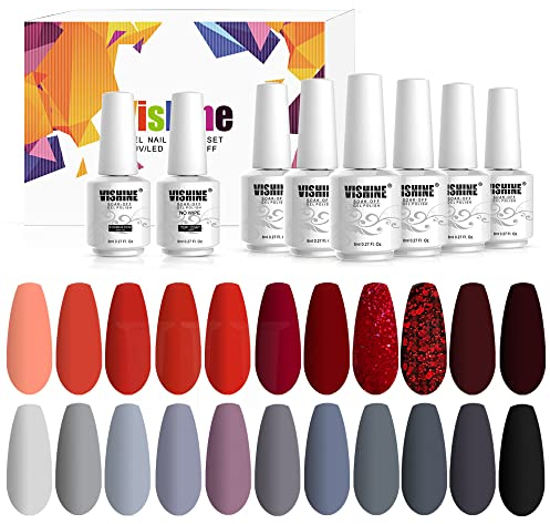 Vishine Gel-Nagellack-Set, 22 Farben, Rot, Grau, schimmernd, Glitzer, beliebte Herbst-Winter-Serie, 24-teiliges Set, Nagelkunst-Geschenkbox, Soak-Off-UV-LED-Nagellack, Maniküre, 8 ml