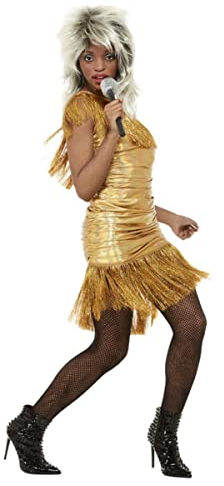 Smiffys Simply The Best - Legende Tina-Kostüm, Gold, Kleid mit Fransen