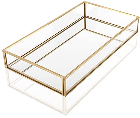 Bandeja Organizadora Decorativa, Bandeja de Almacenamiento de Joyas, Bandeja Decorativa Espejo, Bandeja de Cristal y Espejo, Bandejas de Cosméticos Dorado, para Tocador, Baño, Dormitorio (20*14*3,5cm)