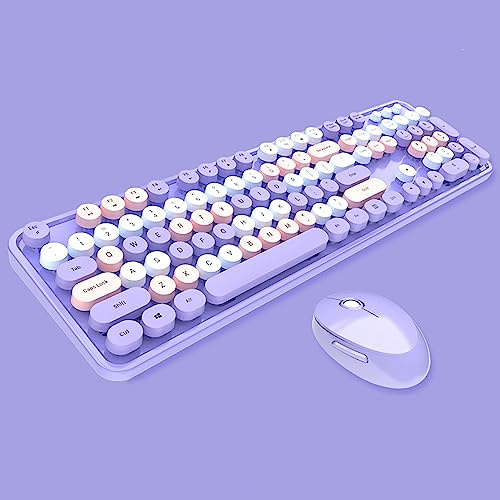 Ensemble clavier et souris sans fil pleine taille 2,4 G, clavier rond de style machine à écrire, couleurs bonbon mignonnes, compatible avec ordinateur portable, PC (104 touches, violet)
