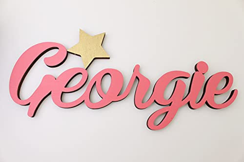 Mia Studio Name Sign for Children's Bedroom with Crown, Star or Heart, Personalised Name Plaque for Nursery or Toy Box Decoration for Little Princess or Prince (L17-21 cm, Golden Star)