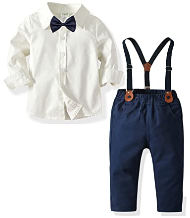 Volunboy Baby Jungen Anzug Set Bekleidung Hemd mit Fliege + Hosenträger Hosen Strampler Anzug(Beige,2-3 Jahre,Größe 100)