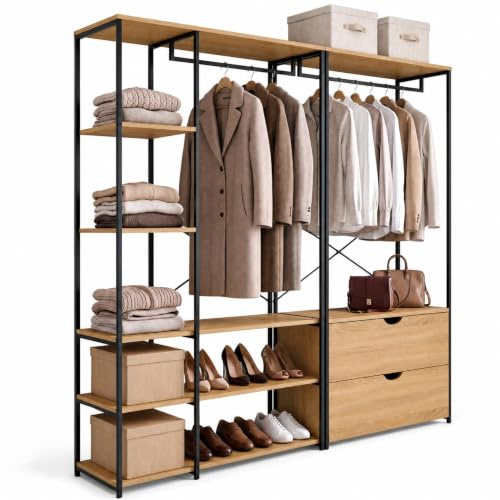 IDMarket - Modularer begehbarer Kleiderschrank mit doppelter Garderobe, Regalen und 2 Schubladen B. 170 cm DETROIT Industriedesign
