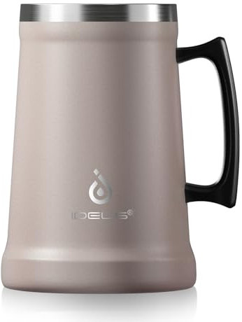 Ideus Jarra de cerveza aislada, taza de cerveza de doble pared de acero inoxidable de 24/32 onzas, vaso gigante de metal con mango de agarre grande (34 onzas (1000 ml), rosa polvoriento