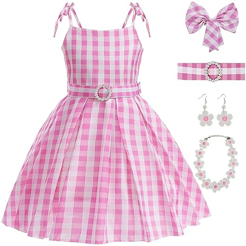 TRACYCY Déguisement Margot Poupée Fille Cosplay Film Doll 1950s Vintage Outfit Rose Robes et Coiffe Ceinture Collier Boucles d'oreilles pour Enfant Fancy Dress up Halloween Noël Carnaval Fête Costume