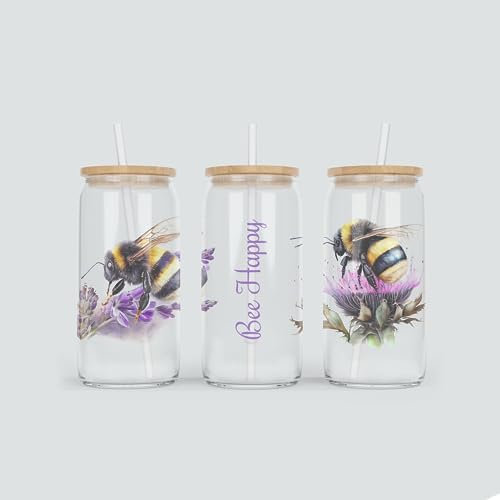 online-hut - Trinkglas - Longdrink Glas - Becher aus Glas inkl. Deckel und Strohhalm - mit Biene und Bee Happy Schriftzug - TB-05 (Glitter Weiß)