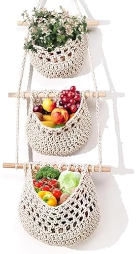 Cimvidi Cesti per frutta da appendere, a 3 ripiani, in tessuto a mano, per casa, cucina, parete, cesto portaoggetti, frutta, verdura, snack