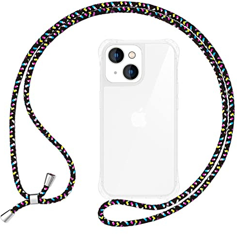 NALIA Handykette für iPhone 15 - Transparentes Hybrid-Case & Band - HANGIT PRO (Anti-Gelb Rückseite & Verstellbar) - Marke aus Berlin, Farbe:Schwarz Bunt