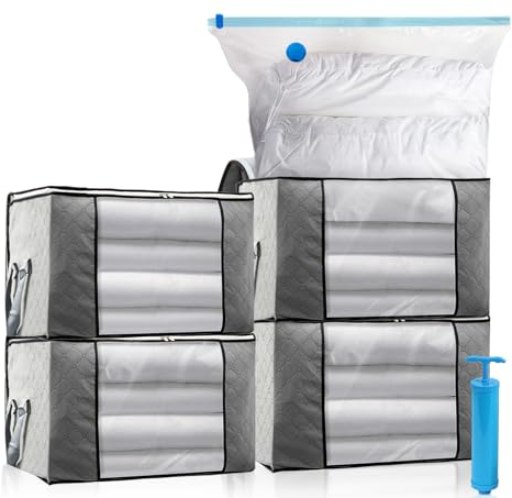 Leavans 4 Pezzi Scatole per Vestiti,4 Sacchetti Sottovuoto Vestiti Salvaspazio e 1 Pompa,Scatole per Armadio Grande Capacità per Trapunte, Coperte, Biancheria da Letto