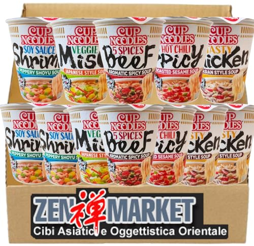 ZenMarket Ramen Set, 12 Pezzi Nissin Cup Ramen Noodles Veloci 5 gusti diversi, Per Mangiare serve solo acqua calda, Buonissimi, salva pranzo