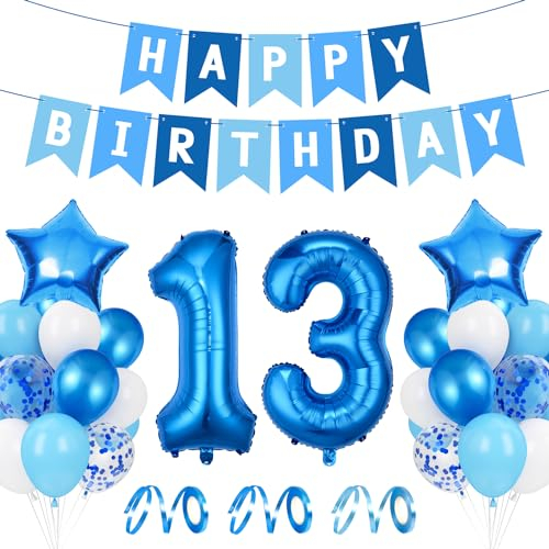Luftballon 13. Geburtstag Blau - Happy Birthday Folienballon - Riesen Folienballon Zahl 13 - Deko Zum Geburtstag - Geburtstagsdeko Jungen 13 Jahr