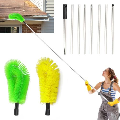 Telescopic Gutter Cleaning Tools - 12Ft Extendable Roof Gutter Cleaner Equipment, 2 Brushes & 8Pcs Telescopic Poles for Cleaning Leaves Debris Window Gutter Hanging Light Spider Web