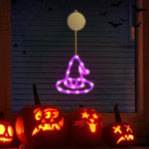 Halloween Deko 4er-Pack Kürbis Hexen Hut Schloss Katze Halloween Fenster Lichter mit Saugnapf, Batteriebetriebene Halloween Lichter, Dekorative Lampe für Halloween Party Balkon (Lila Hexen Hut)