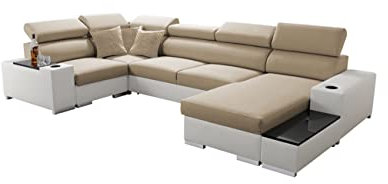 All4All Ecksofa mit Schlaffunktion Passe 335 cm x 205 cm - Wohnlandschaft U-Form - Schlafsofa mit Bettkasten - XXL Sofa - Groß - Gewebe mit Kunstleder -Beige/Weiß - Rechte Seite 26