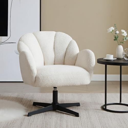 chairus Loungesessel Modern, Drehbarer Muschelsessel, Kunstfell/Weiß | Moderner Ohrensessel mit 360°-Drehfunktion, weicher Kunstfellbezug, einsetzbar im Wohnzimmer, Schlafzimmer oder Lobby
