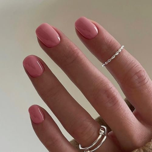 SXVME Rose Pink Press on Nails Short Square Acrylic Short False Nails Coffin Natural Acrylic Fake Nails Set Elegant Solid Color Full Cover Glossy Gel Stick on Nail for Women Daily Wear 24 Pcs