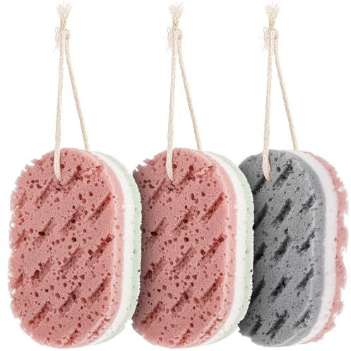 Dimeho Lot de 3 éponges de bain douces en luffa pour femme - Pour le corps et la douche - Pour le nettoyage en profondeur - Accessoires de bain - 3 couleurs - Grande taille