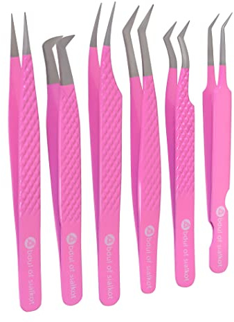 Abdul of Silakor Eyelash Extension 6-Piece Tweezer Set for Volume and Classic Lashes - Stainless Steel (Gulabi Pink)