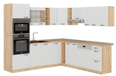Vicco Eckküche R-Line, Weiß Landhaus/Goldkraft Eiche, 237 x 60 cm ohne Arbeitsplatte