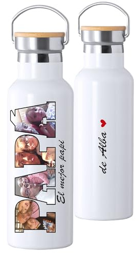 Botella PAPA de Agua Térmica Personalizada con Fotos, 500ml, Diseño Fútbol, Tapa de Bambú, Regalo para Papá, botella de acero inoxidable, regalo dia del padre. (PAPA CORAZON)