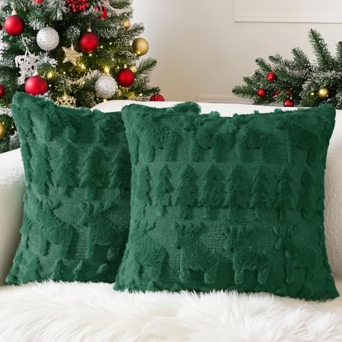 Lonya 2 Stück Kissenbezug Weihnachten 45 x 45 cm Super Weich Plüsch Flauschig Samt Weihnachtsdeko Kissen Cozy Deko Wohnzimmer Couch mit Unsichtbaren Reißverschluss Weihnachtsbaum und Elch-Grün-A