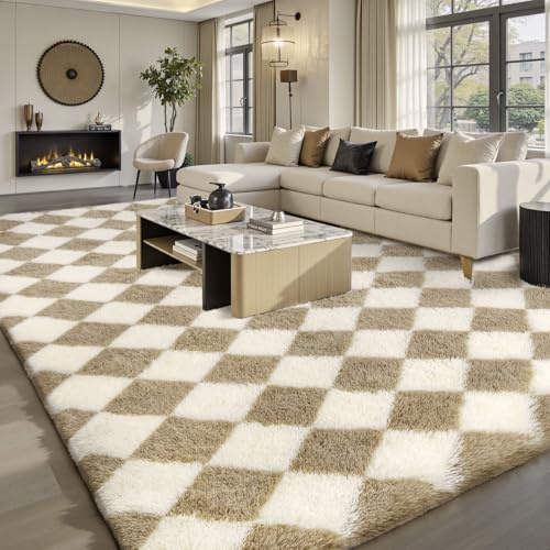 Sour Lemon Area Rug Living Room Bedroom 120x160cm, Large Fluffy Carpet | Soft Shaggy Checkered Rugs, Washable Area Rug Anti Slip, Carpets for Kids Room Nursery, Dorm Home Decor, Beige and White