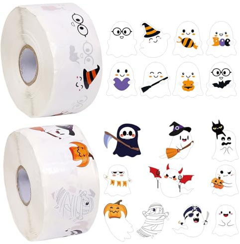 2000 Stück Halloween Aufkleber Rolle, Halloween Geist Sticker, Aufkleber Halloween Kinder, Selbstklebende Kürbis Geisterfledermaus Sticker Muster Ausdrücke Stickers für HalloweenParty DIY Craft Deko