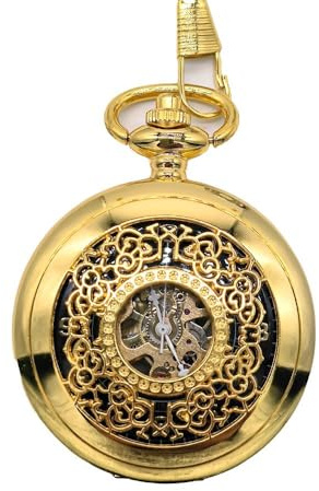 TruClothing Mechanical Skeleton Half Hunter Antique Brass Vintage Pocket Watch with Chain