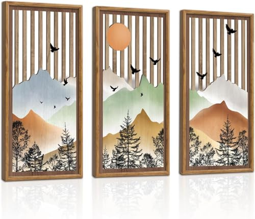 Celestdeco Gerahmt Boho Wanddeko Berglandschaft 3-teilig, Wandbild Natur mit Wald und Vögeln Minimalistisches Wandbilder Set für Wohnzimmer und Schlafzimmer20x40 cm
