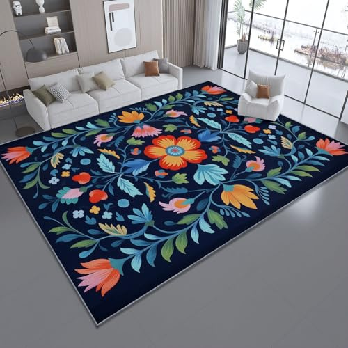 Generisch Waschbare Teppich 80 x 150 cm, Landhausstil Mexiko BlumenFaltbare rutschfest Teppich für Drinnen, Dunkelblau Leicht Teppiche für Schlafzimmer Esszimmer Kinderzimmer Flur Büro