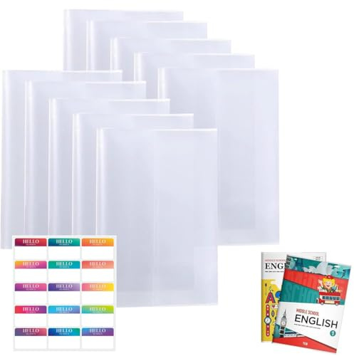 Buchumschlag 16k Transparent 10 stk Buchumschläge für Schulbücher, mit 15 Etikett, Hefthülle Buchschoner für den Schutz von Heften, Schulbüchern, Büchern und Notizbüchern