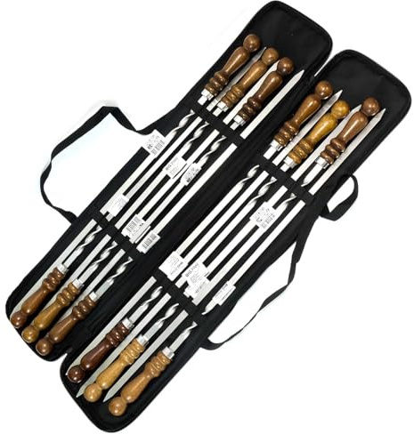 Set aus 12 Schaschlikspießen 60 cm lang 1,2cm breit 3mm Stark mit Tasche Schampura Grillspieße aus Edelstahl Fleischspieße BBQ Lagerfeuer Spieße Edelstahlspieß mit Holzgriff