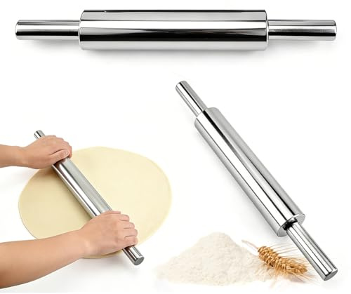 Nudelholz Edelstahl Teigroller 43cm, Antihaft Teigroller Edelstahl, Nudelholz mit Griff, Drehbare Teigrolle, Backzubehör Rolling Pin für Fondant, Pizza, Knödel, Brot, Kuchen, Nudelteig, Mürbeteig