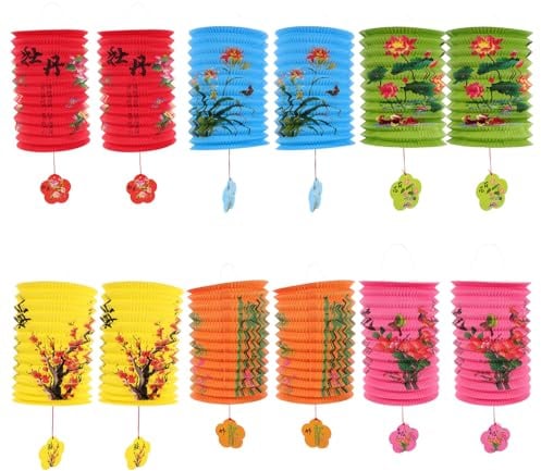 SHINEOFI 12 Stück Chinesische Papierlaternen aus Papier Hängende Ziehharmonika Laternen Vintage Stil Bunte Festival Dekoration für Mondfest Neujahr Hochzeit und Geburtstagsfeier