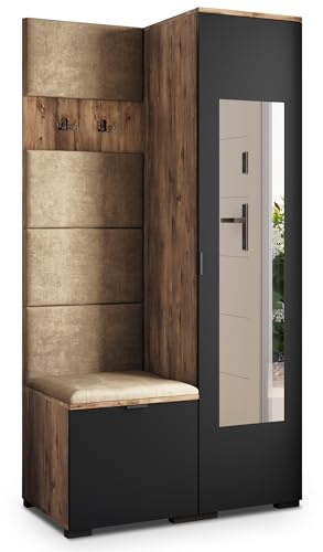 Masseno Flugarderoben Set VIRA, Kleiderschrank-Set mit Spiegel und Sitzbank, Garderobenschrank Flur mit 3 Regalböden, Eiche Lefkas/Schwarz