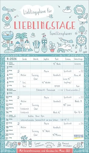 Familienplaner Lieblingspläne für Lieblingstage 2026: Familienkalender, 6 große Spalten. Familientimer mit Ferienterminen, extra Spalte und Vorschau bis März 2027. Format: 27 x 46 cm