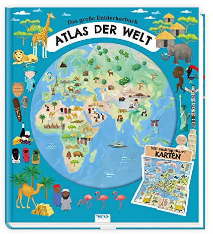 TRÖTSCH - Atlas der Welt | Kinderatlas mit detailreichen Illustrationen und spannenden Fakten über die Erde, Natur und Menschen: Kinderbuch mit aufklappbaren Karten und Extra-Heftchen | Ab 9 Jahren