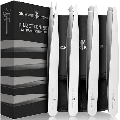Schwertkrone Pinzetten Set mit Etui – 4-teilig, silber – Edelstahl – Profiqualität für Augenbrauen zupfen und Haarentfernung - Splitterpinzette