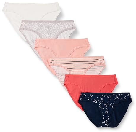 Amazon Essentials Damen Unterwäsche Bikini Slips Baumwolle (in Übergröße erhältlich), 6er Pack, Mehrfarbig/Punkte/Sterne/Streifen, 36