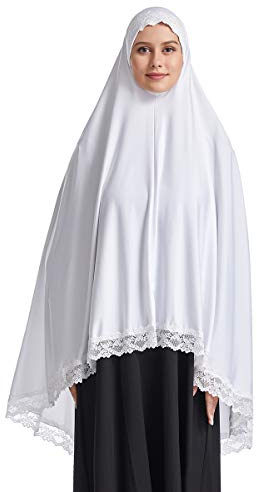 Muslimischer Hijab mit hoher Dehnung, reine Farbe, Halbkörper-Abdeckung, Hijab mit Spitze zum Beten, Weiss/opulenter Garten, X-Large