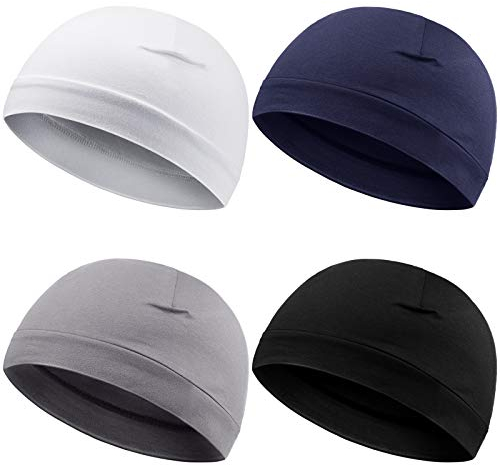 4 Stücke Herren Schädelkappen Weich Baumwolle Mütze Schlafmützen Dehnbar Helmfutter Multifunktionale Kopfbedeckung für Herren Damen (Weiß, Grau, Marineblau, Schwarz)