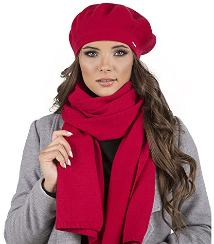 VIVISENCE Damen Baskenmütze Eleganter Wintermütze Und Schal Set Warm Kopfbedeckung Und Halsbedeckung An Winter Und Herbst Warm Dick, Winterset Für Frauen, Hergestellt In EU, Rot