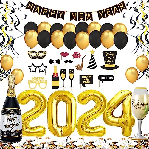 Silvester Deko – XXL Dekoration Set, Neujahr Silvesterdeko, Happy New Year Girlande, Folienballons, Fotorequisiten,Konfetti Ballons. Neujahrsdeko, Silvesterpartydeko Accessoire für Silvesterparty