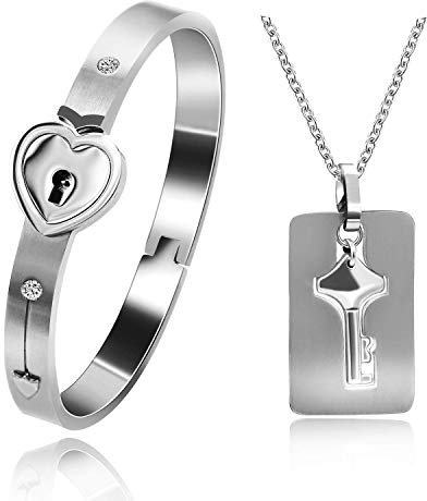 Tobestu Heart Lock Love Bracelet Bangle and Key Chain Necklace Pendant Lover Jewelry Set for Couples Men and Women (2.4inch-White)