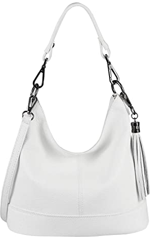 OBC Made in Italy Damen Leder Tasche Umhängetasche Shopper Schultertasche Handtasche Crossbody City Bag Crossover Ledertasche Damentasche Fransen Weiß
